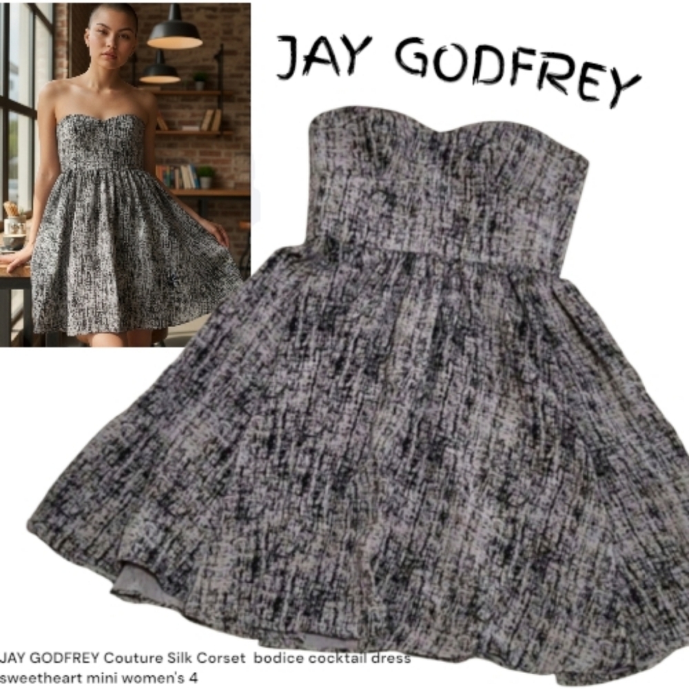 JAY GODFREY Women's Solk Couture Corset bodice cocktail Mini dress 4 Grey Black